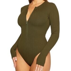 Naked Wardrobe Ribbed Zip Front Bodysuit Military Green Size S
